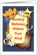 Custom Name Country/Western Birthday, hat, boot, star card