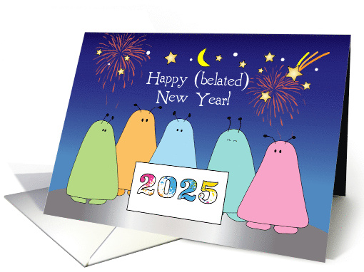 Belated New Year Wish 2025 Outer Space Bugs card (1404528)