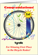 Custom Name Congrats Bike Rodeo, 1st place, wheel, ribbon card