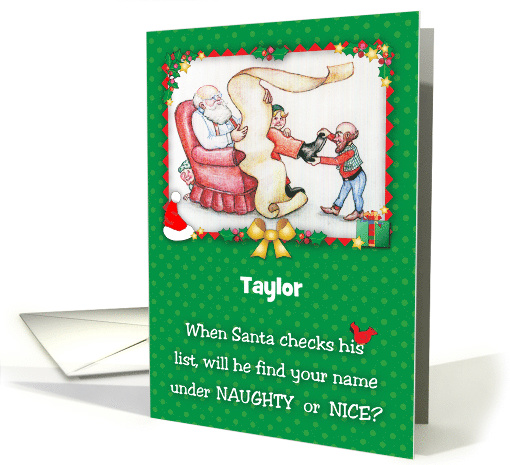 Custom Name Christmas, Santa, elves, cardinal card (1414410)