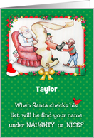 Custom Name Christmas, Santa, elves, cardinal card