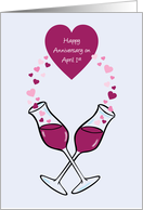 April 1st Anniversary, wine, hearts card