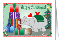 Christmas, elephant theme, presents, tree, holly card