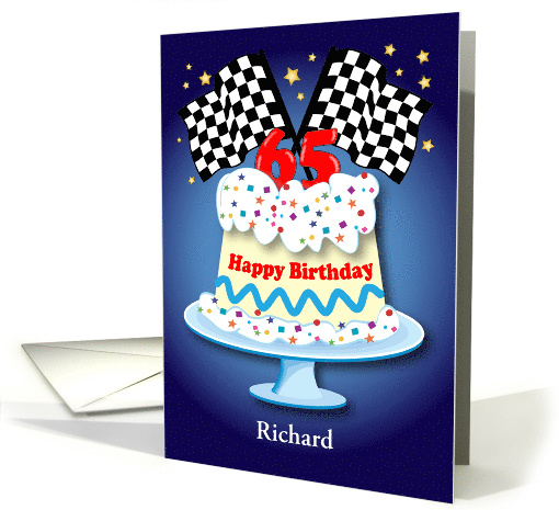 Custom Name 65th Birthday, racing fan, checkered flags card (1435850)