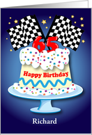 Custom Name 65th Birthday, racing fan, checkered flags card