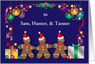 Custom Happy Birthday on Christmas for Triplets, gingerbread men card