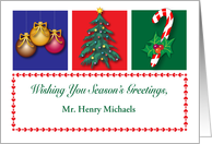 Custom Season’s Greetings, Doorman, ornaments, tree, candy cane card