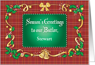 Custom Christmas for Butler, golden ribbon, bells, bow card