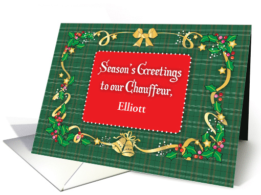 Custom Christmas for Chauffeur, golden ribbon, bells, bow card