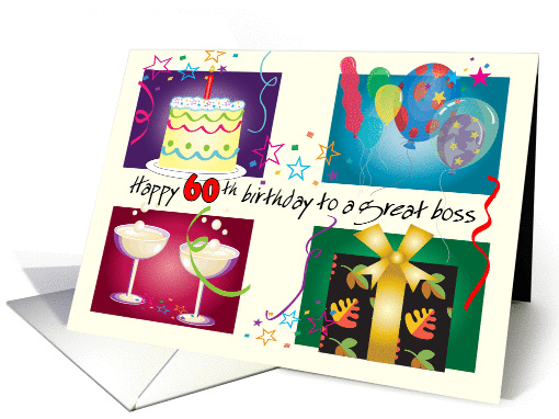 60th Birthday for Boss, balloons, cake, present card (1453592)