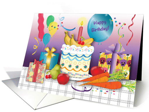Birthday for Dietitian, wrapped presents, fruits, veggies card
