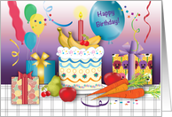 Birthday for Dietitian, wrapped presents, fruits, veggies card
