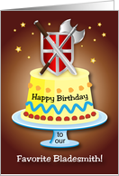 Birthday for Bladesmith, axe, sword, shield, cake card