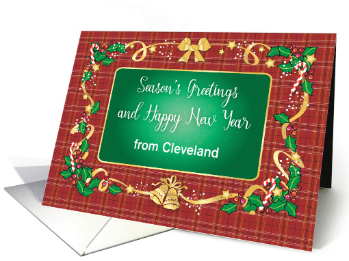 Custom City/Ohio, Season's Greetings, bells, ribbon, holly card