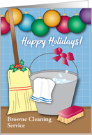 Happy Holidays, from Cleaning Business, broom, bucket card