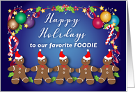 Happy Holidays to Foodie, gingerbread men, holly card