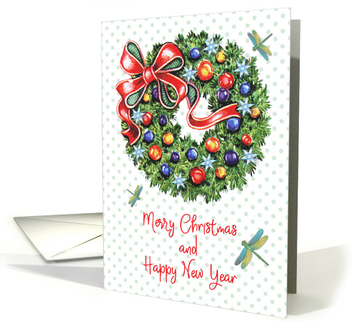 Dragonflies Christmas, wreath, red ribbon card (1488274)