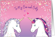 Fantasy-themed Love Card, unicorns, hearts card