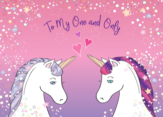 Fantasy-themed Love Card, unicorns, hearts
