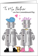 Humorous Commitment Day to Partner, robots, hearts card