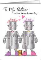 Humorous Commitment Day to Lesbian Partner, robots, hearts card