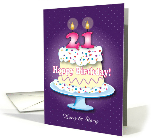 Custom Name 21st Birthday for Twin Girls, cake, candles card (1496204)