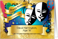 Custom Name, Age, Drama Birthday, balloons, banners card