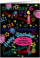 21st Birthday for Twin girls, text, balloons, stars card