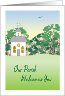 Welcome to Our Parish, church, cross card