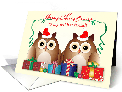 Merry Christmas, Red Hat Friend, Owls, Presents card (1527058)