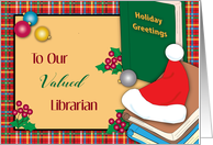 Holiday Greetings for Librarian, Books, Santa Hat card