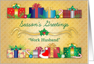 Season’s Greetings to Work Husband, Presents, Santa Hat, Holly card