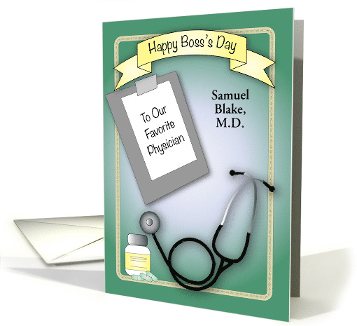 Custom Name Boss's Day for Physician, Stethoscope, Pills card
