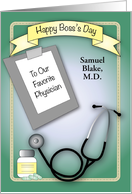 Custom Name Boss’s Day for Physician, Stethoscope, Pills card