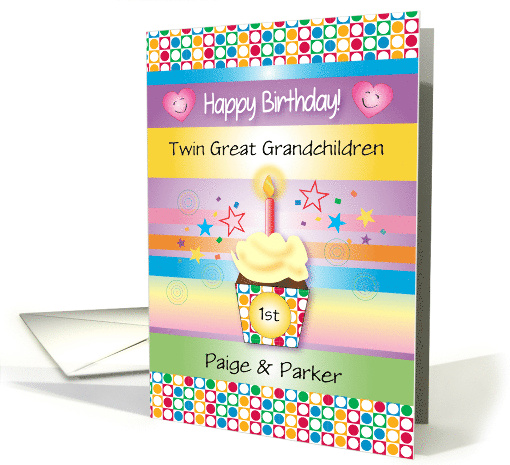 Custom Birthday for Twin Great Grandchildren Cupcake card (1637866)