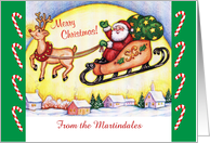 Custom Name Santa in Sleigh over Village card