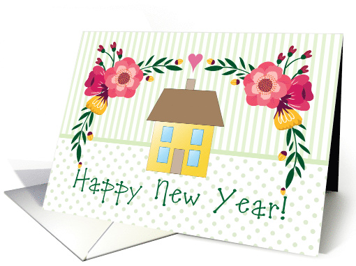 Primitive Happy New Year Flowers & House card (1650608)