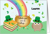 Custom Away At College Rainbow Leprechaun Owl St Patrick’s Day card