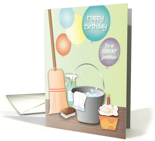 Birthday Janitor Balloons Cleaning Supplies Cupcake card (1684010)