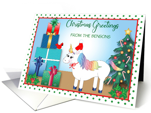 Custom Name Unicorn Christmas Presents Tree Santa Hat card (1691248)