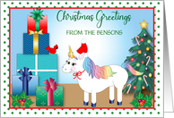 Custom Name Unicorn Christmas Presents Tree Santa Hat card