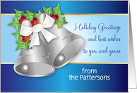 Custom Name Holiday Greetings Silver Bells Holly card