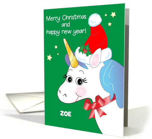 Custom Name Zoe Unicorn Santa Hat card (1691768)