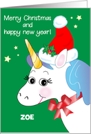 Custom Name Zoe Unicorn Santa Hat card