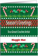 Season’s Greeting Crochet Artist Candy Canes Custom Name card
