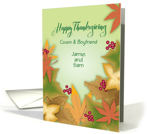 Custom Thanksgiving to Cousin and Boyfriend Autumn Leaves card
