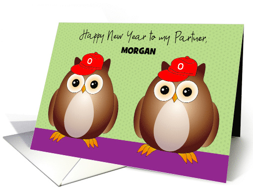 Gay New Year Custom Name Partner Owls card (1705076)