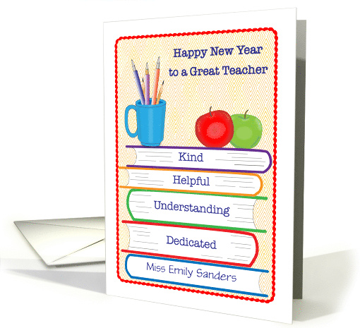 Teacher New Year Custom Name Books Apples card (1705140)