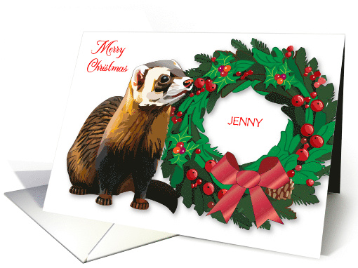 Custom Name Christmas Ferret Wreath card (1872258)