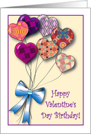 Valentine Birthday, heart balloons, blue bow card